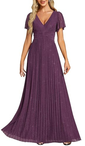 Ever-Pretty Vestito Donna Elegante Cerimonia Lungo Brillante Pieghe Maniche a Volant Stile Impero Abito da Sera Donna Viola Begonia 46