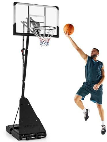 COSTWAY Adjustable Basketball Hoop, 4.9-10 FT Goal With 44 Inch Shatterproof Backboard, Rebounder and Wheels, Portable Stand System for Kids Teens Adults