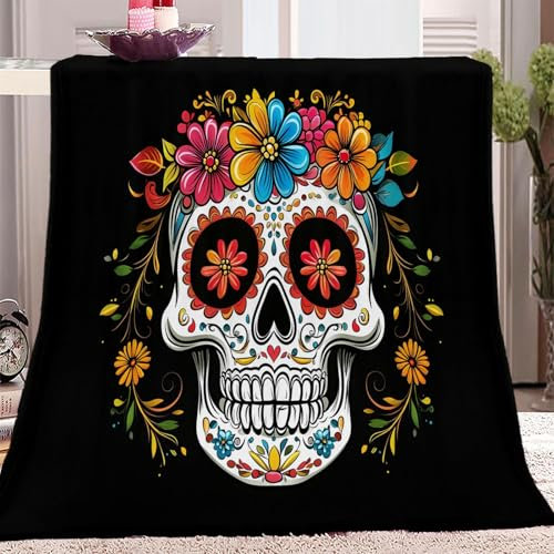 Kuscheldecke weich gemütlich Fleece-Flanell Decke Abstrakter Cartoon-Totenkopf Blumen für alle Jahreszeiten, Sofa Couch Raumdekoration für Erwachsene Flanell Fleecedecke 180 x 220 cm, Bunt