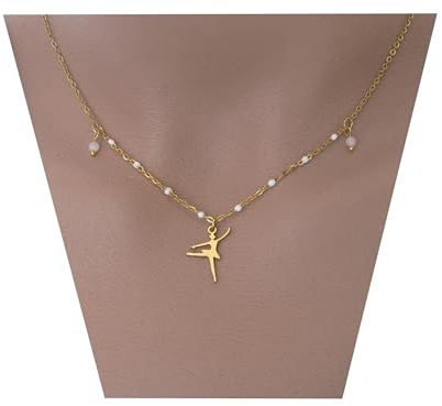 Générique Collier Chaîne pendentif Danse Danseuse Étoile Ballerine Ballet Classique Acier Inoxydable Or Doré Blanc Pierre de Lune Cadeau Anniversaire Noël Femme Fille amie Original Fabriqué en France