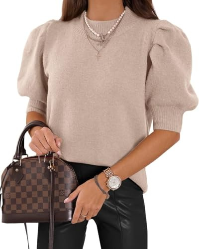 Saodimallsu Jersey de manga corta para mujer, cuello redondo, camiseta de verano ligero de punto, manga abullonada, elegante, blusa elástica, parte superior monocolor, sudadera básica