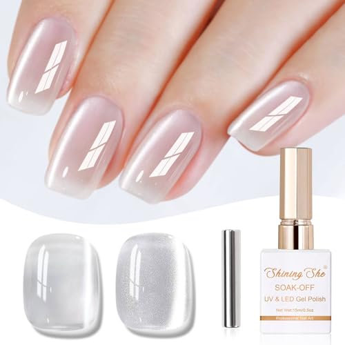 Shining She UV Nagellack Cat Eye, 1PCS Frühling Sommer Gel Nagellack Mit Magnet Soak-Off UV, 15ML Klassischer Jelly Glas Kristalle Silber Weiß Cat Eye UV Gel Nail Polish für Nagelstudio