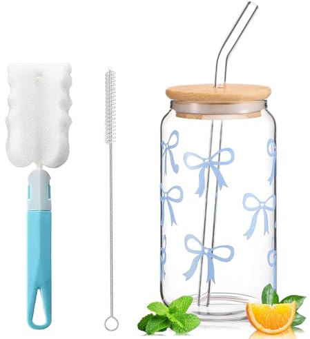 Exquilnova Bicchiere con cannuccia e coperchio, bicchiere da tè con cannuccia in vetro, 16 oz iced caffè, vetro Matcha con design Bow, bicchieri da cola per caffè freddo, cocktail (fiocco blu)