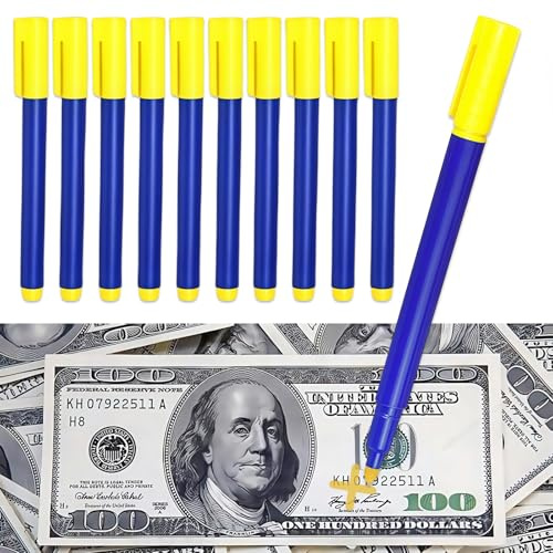 10 Pièces Stylo Détecteur de Faux Billets, Professionnel Stylo Billet Banque Faux, pour Dollar Américain, Euro, Livre, Yen, Won us,et Toutes Les Principales Devises Internationales,Adapté Aux Magasins