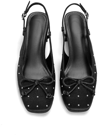 Lhamo Latso Black Slingback Pumps with Bow Studded Satin Ballet Heel Square Closed Toe Chunky Low Block Heels for Women Ballerina Pump Dressy Shoes Size 7