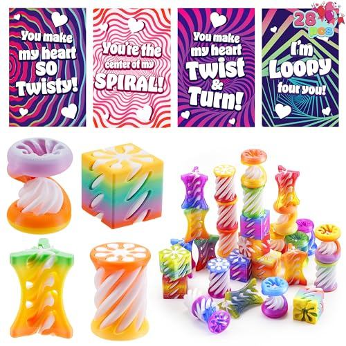 JOYIN 28 Pcs Valentines Day Gift Impossible Spiral Cone Stress Toy with Valentine Cards, 3D Printed Passthrough Toy for Kids Valentine Party Favors Gift Classroom Exchange Boys & Girls