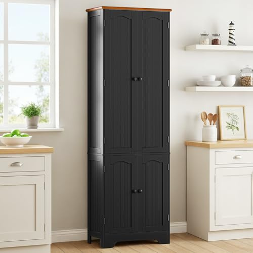 MYBEILEYI 72.2 Tall Farmhouse Storage Cabinet with 4 Barn Doors, Wood Cabinet with Anti-Tip Design, Adjustable Shelves, Sturdy Base, Multipurpose for Living Room, Kitchen, Office, Laundry Room, Black