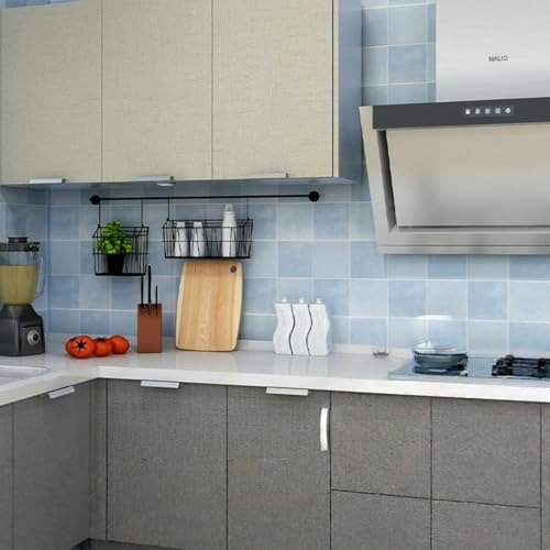 ESSMOKO Papel tapiz Papel tapiz autoadhesivo de PVC resistente a altas temperaturas resistente al agua y al aceite efecto baldosa cerámica de imitación para cocina estilo retro azul 45 * 1000cm