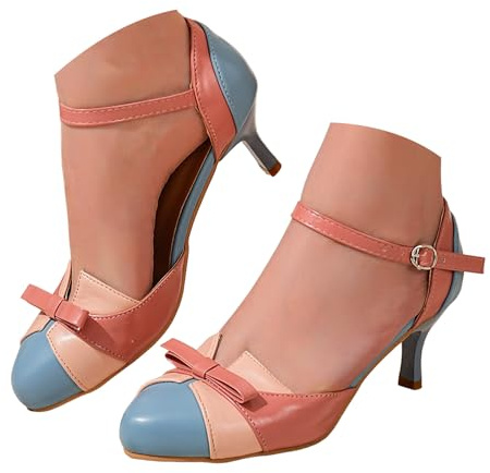 Dam rosett kattunge klack pumps ankelrem Mary Jane-skor färgblock retro klänning klackar stängd tå eleganta festskor för bröllop arbete kväll fritidskläder