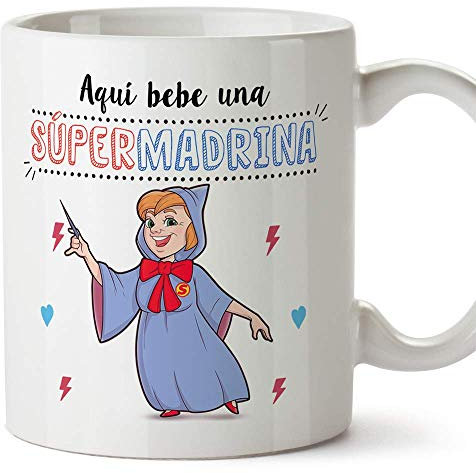 MUGFFINS Taza Madrina – Aquí Bebe una Super Madrina – Taza Desayuno/Idea Regalo Día de Pascua. Cerámica 350 mL