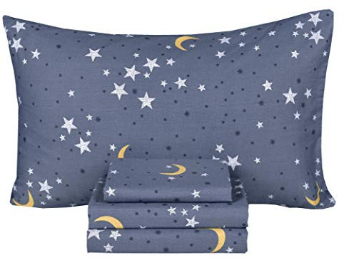 Scientific Sleep Moon & Star Night Sky Teen Kids Boys Girls 100% Cotton Full Bed Sheet Set, Flat Sheet & Fitted Sheet & Pillowcase Bedding Set (Stars, Full)
