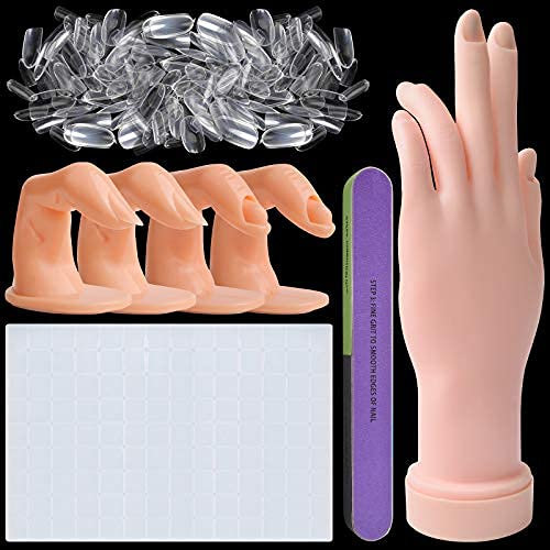 Kalolary Nail Hand Practice pour Ongles Acrylique, Manucure Pratique Mains et Doigts Manucure Pliable Avec 500 pièces Faux Ongles, Mastic Collant Limes Ongles Outils Formation Nail Art (Transparent)