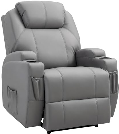 HOMCOM Sedia massaggiante reclinabile, poltrona relax con schienale elettrico regolabile e poggiapiedi imbottitura sintetica per soggiorno, camera da letto, Home Cinema Grigio