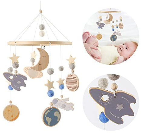 Promise Babe Mobile Baby Wooden Wind Chimes med filtbollar Månstjärnor Space Baby Room Wood Crocheted Mobile Newborn Boy Girl Bed Bell Pendant för att hänga barnvagnsskötbord Star Moon