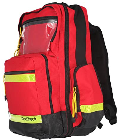 DocCheck Rettungsrucksack Huck – Profi-Notfallrucksack (Rot), Strapazierfähig, Robuste Reißverschlüsse, 2-geteiltes Hauptfach, Seiten- und Dokumentenfächer, Inkl. 5 Modultaschen, Maße: 45x24x18 cm