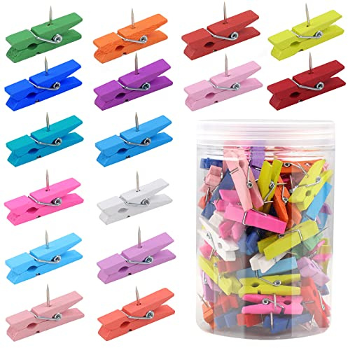 110Pcs Colorful Push Pin with Wooden Clips, Durable Wooden Push Pins, Decorative Pushpins Tacks Thumbtacks, Tacks for Cork Board Artworks Notes Photos, Offices and Homes