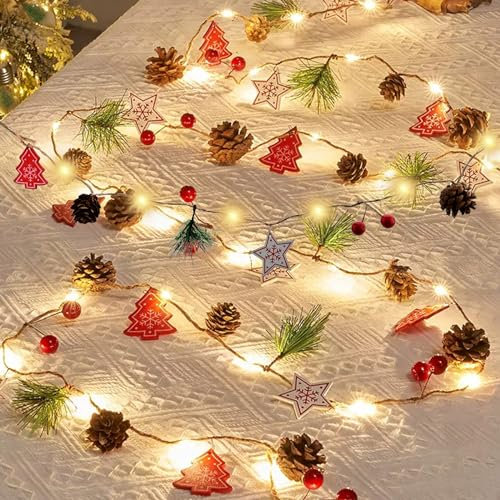 Christmas Garland with Lights 9.8FT 30 LED Christmas Pine Cones String Lights Red Berry Fairy Lights Wreath Light Up Christmas Decorations Battery Operated for Xmas Indoor Outdoor Decor