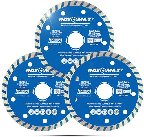 RDXMAX ® 115mm Diamond Cutting Discs for Angle Grinder-Super Thin Fast,Clean Cut on Porcelain,Granite,Marble,Concrete,Tiles,Stones,Bricks & Ceramics-4.5 Wheel -Size 115 x2.2 x22.23mm- (3 Pack)