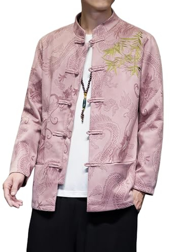 Tang Suit Men Jacket Chinese Hanfu Traditional Tang Suit for Men Kung Fu Shirt Uniform Long Sleeved Coat Tops and Pants(Pink,Medium)