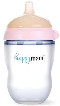 HappyMami, Biberón Diseñado a Medida,Tetina de Silicona Grado Médico,sin BPA, Doble Sistema Anticólicos, Apto para Lavavajillas, Para todo tipo de Lactancias (Rosa 250ml)