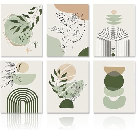 Dazzlewall Salbeigrünes Boho Leinwand Bilder, Minimalistisches Abstraktes Geometrisches Kunstdrucke Wandposter für Schlafzimmer Wohnzimmer Dekor 20x25 cm Ohne Rahmen 6er Set