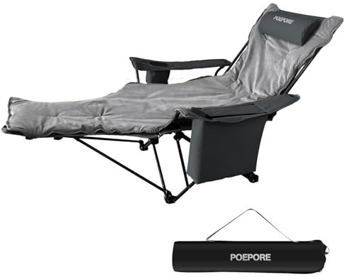 POEPORE Campingstuhl Faltbar mit Fußstütze 4-Fach Campingstühle Strandstuhl Liegestuhl für Erwachsene 120kg Klappbarer Angelstuhl mit Kühltasche Wattepad Kissen Getränkehalter Grau