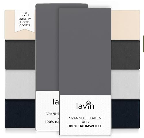 2er Set Lavin Spannbettlaken 100% Baumwolle Jersey Spannbetttuch Laken (Stein-Anthrazit, 140/160x200+30cm)