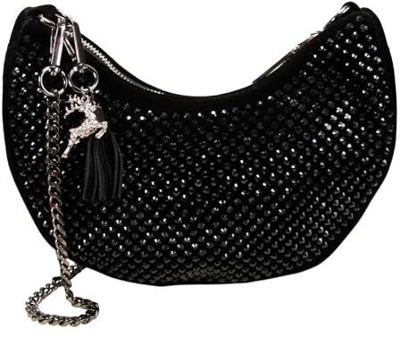 Alpenflüstern Strass Trachtenschultertasche mit Hirschanhänger - Damen Handtasche, Schultertasche fürs Dirndl, Tasche zur Tracht, Dirndltasche mit Metallelemente (schwarz) DTA101