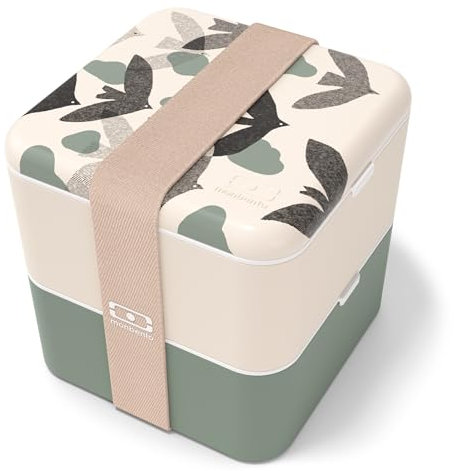 monbento - Lunchbox MB Square Graphic Birds – Große luftdichte Bento-Box mit 2 Fächern – ideal für Arbeit/Picknick – BPA-frei und langlebig – hergestellt in Frankreich – Motiv Vögel