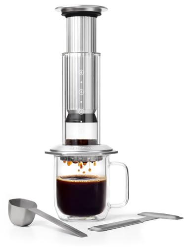 AeroPress cafetera de prensa francesa premium, de vidrio, acero inoxidable y aluminio, manual todo en uno estilo espresso y pour-over, preparación en 2 minutos, sabor intenso, Plateado