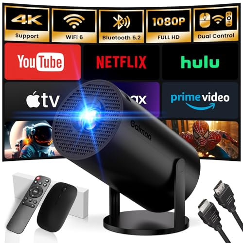 [App intégrée] Vidéoprojecteur 2025 Rétroprojecteur Portable Mini Projecteur Dual Contrôle avec Souris Android TV WiFi 6 BT5.2 180° Rotation HDMI/TV Stick/USB/PS5, avec HDMI et Souris, Noir