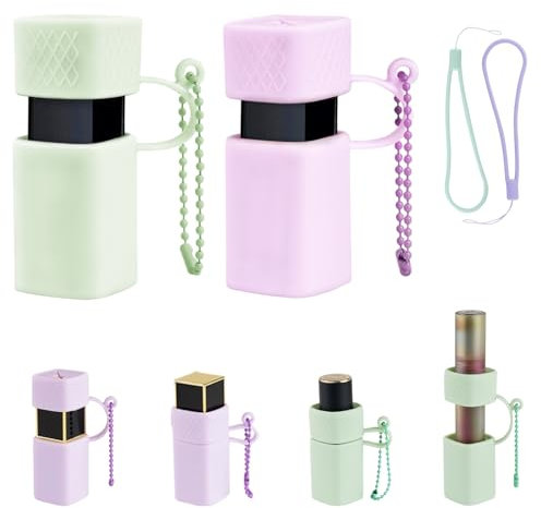 2Pcs Silicone Lipstick Holder, 2.4 in Chapstick Keychain Holder with Cap Cover for 0.7-1.1 in Diameter Lipsticks, Lipstick Case Holder with Wrist Strap, Chapstick Carrier Bag for Woman, Girl