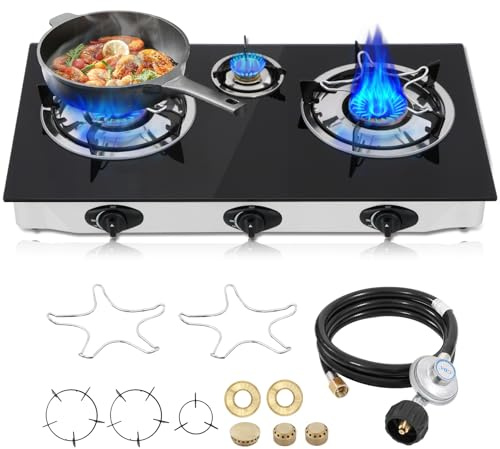 Propane Gas Cooktop,3 Burners Gas Stove portable, 0.28Tempered Glass, Auto Ignition Camping 3 Burner LPG for RV,Apartments,Outdoor
