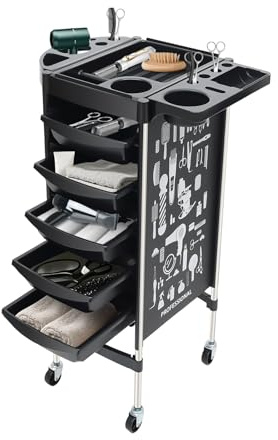 BAOCHADA Chariot de coiffure avec 5 tiroirs et roulettes pivotantes - Chariot empilable pour coiffeur, coiffeur, spa, accessoires de coiffure - 36 x 45 x 90 cm (noir)