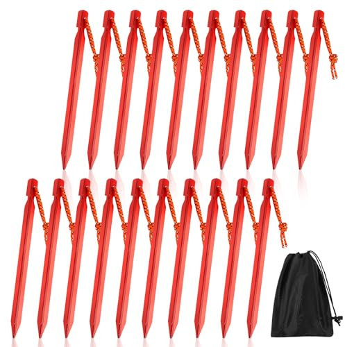 Zelt Heringe, 20 Stück Camping Heringe Zeltheringe Sturmsicher Sandheringe 18cm, Rot Aluminium Erdnägel Häringe mit Seil und Aufbewahrungstasche für Wander Camping