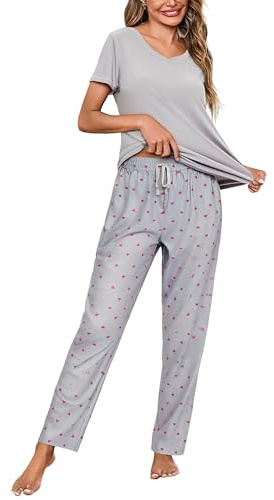 Litherday Ensemble de Pyjama Femme Coton Vêtements de Nuit à Manches Courtes + Bas de Pyjama à Carreaux Vêtement d'Intérieur Gris S