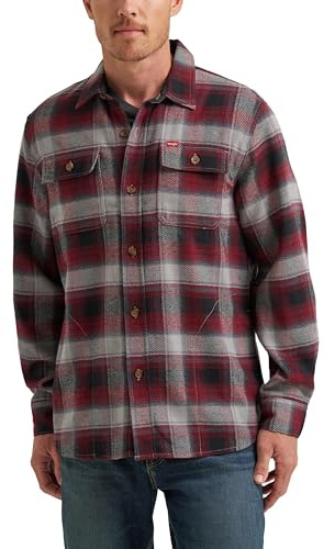 Wranger Men's Long Sleeve Blanket Flannel Shirt Jacket, Syrah Plaid, Small