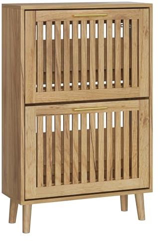 Smart FENDEE Shoe Cabinet with 2 Drawers Slatted Foldable Wooden Shoe Cabinet with Gold Handle Hidden Entrance Shoe Organizer for Hallway Natural Wood 60cm Wide