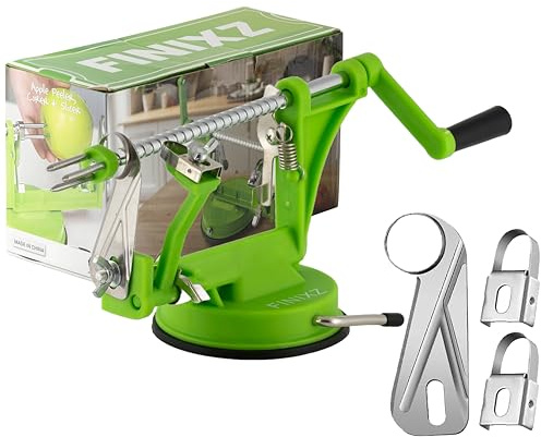 FINIXZ 3 nel 1 Sbucciatore e affettatrice per mele – Base a ventosa potente – Macchina per sbucciare resistente – Incluse 3 lame di ricambio aggiuntive – Strumento manuale per la cucina di casa