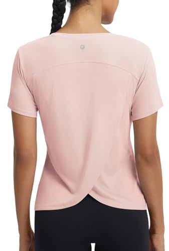 baleaf Women's Short Sleeve Workout Shirts Athletic Tops Sun Protection Breathable T-Shirts Quick Dry Gym Running Tennis Light Pink XL