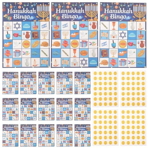 Mikikit Jeu de Bingo en Papier Hanoukka 24 Joueurs Cartes de Jeu Décoratives Fête de Hanoukka Jeux Familiaux Communautaires et Scolaires Party Bingo Set pour Célébrations