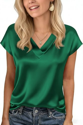 Xiaoliny Blusa de Satén Mujer Elegantes Camiseta de Manga Corta con Cuello en V Verano Casual Camisa Básica T-Shirts Liso Holgada Top Colores Sólidos Fluida Blusas para Salir Oficina Fiesta Diario