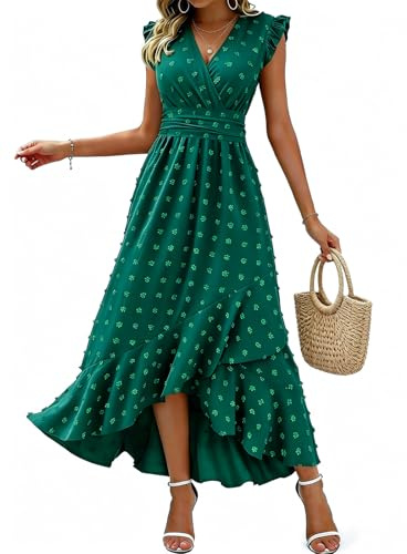 KUNJLELP Robe Femme Chic et Elegant Col V Manches Courtes Robe D'été Taille Haute Élastique Robe de Plage Vacances Fête Mariage Aniversaire