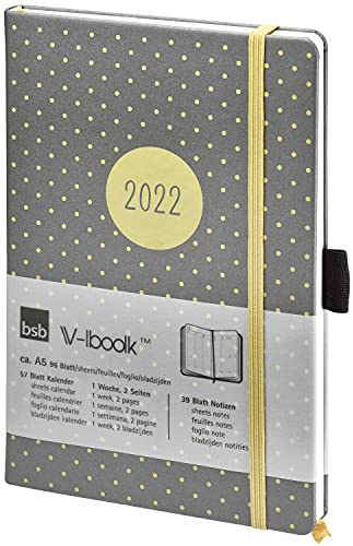 BSB V-bok bokkalender, A5, 2022, 1 vecka = 2 sidor, antracit med gyllene prickar, möteskalender, veckoplanerare, fickkalender, 02-0200
