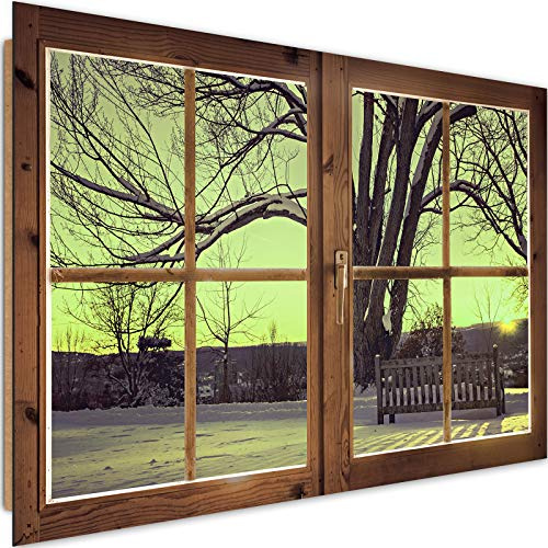 Feeby Image Panneau Déco Fenetre Vue 3D Poster Moderne Hiver Arbre Nature vert 90x60 cm