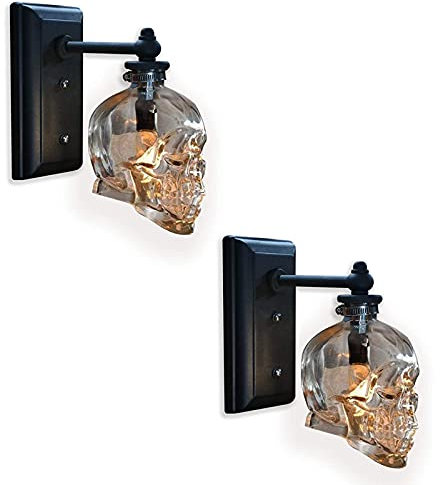 VOMI Schwarz Vintage Totenkopf Lampe Schädel Deko Wandlampe, Transparent Glas Lampenschirm Wandleuchte mit E14 Fassung, 2 Stück Retro Wandbeleuchtung für Halloween Party Bar Restaurant