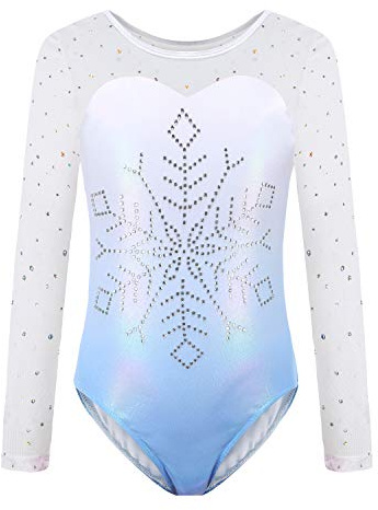 Sinoeem Gymnastikanzug Kinder Mädchen Diamond Splice Tank Trikot Langarm/Ärmellos Turnanzug Ballettröckchen Kleid Trikotanzug Tanz Kleid Gymnastik Dancewear (Blau-Langarm, 5-6 Jahr)