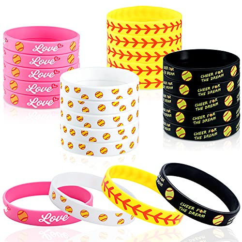 MTLEE 24 Pieces Softball Bracelets Softball Wristband Inspirational Rubber Wristbands Silicone Motivational Stretch Wristbands for Women Girls Sport Teams Softball Player Softball Teams
