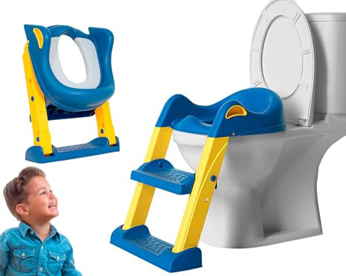 Edibaby, Adaptador wc niños con escalera, Reductor de Aprendizaje para Baño Inodoro, Portátil y Plegable, Ajustable, Total Compatibilidad, Cojín Acolchado, de 1 a 7 años (Azul y Amarillo)