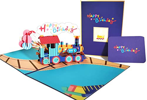 DEESOSPRO® Geburtstagskarte Geschenk für Kinder, 3D Pop-Up Grußkarte mit Schönen Papier-Cut, Umschlag Enthalten (Geburtstagszug)